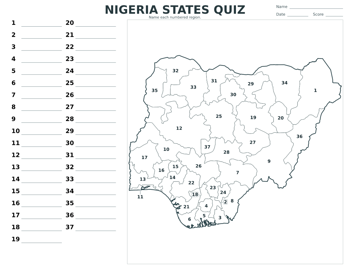 Quiz des États : Nigeria avec 37 États avec numéros.