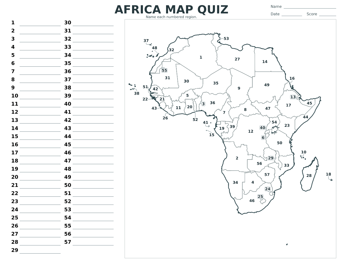 Cuestionario imprimible del mapa de Africa con 57 regiones numeradas.
