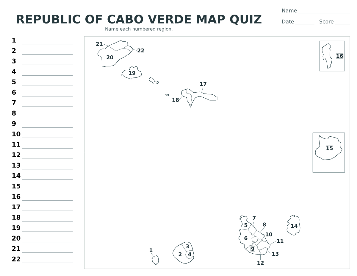 Cuestionario imprimible del mapa de Republic of Cabo Verde con 22 regiones numeradas.