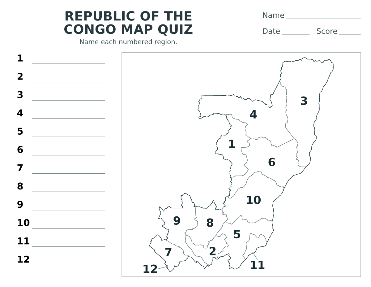 Cuestionario de regiones: Republic of the Congo con 12 regiones con números.