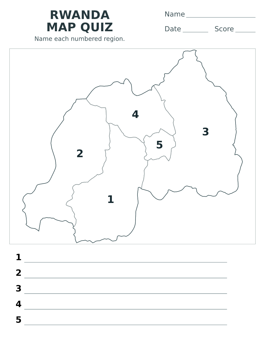 Cuestionario de provincias: Rwanda con 5 provincias con números.