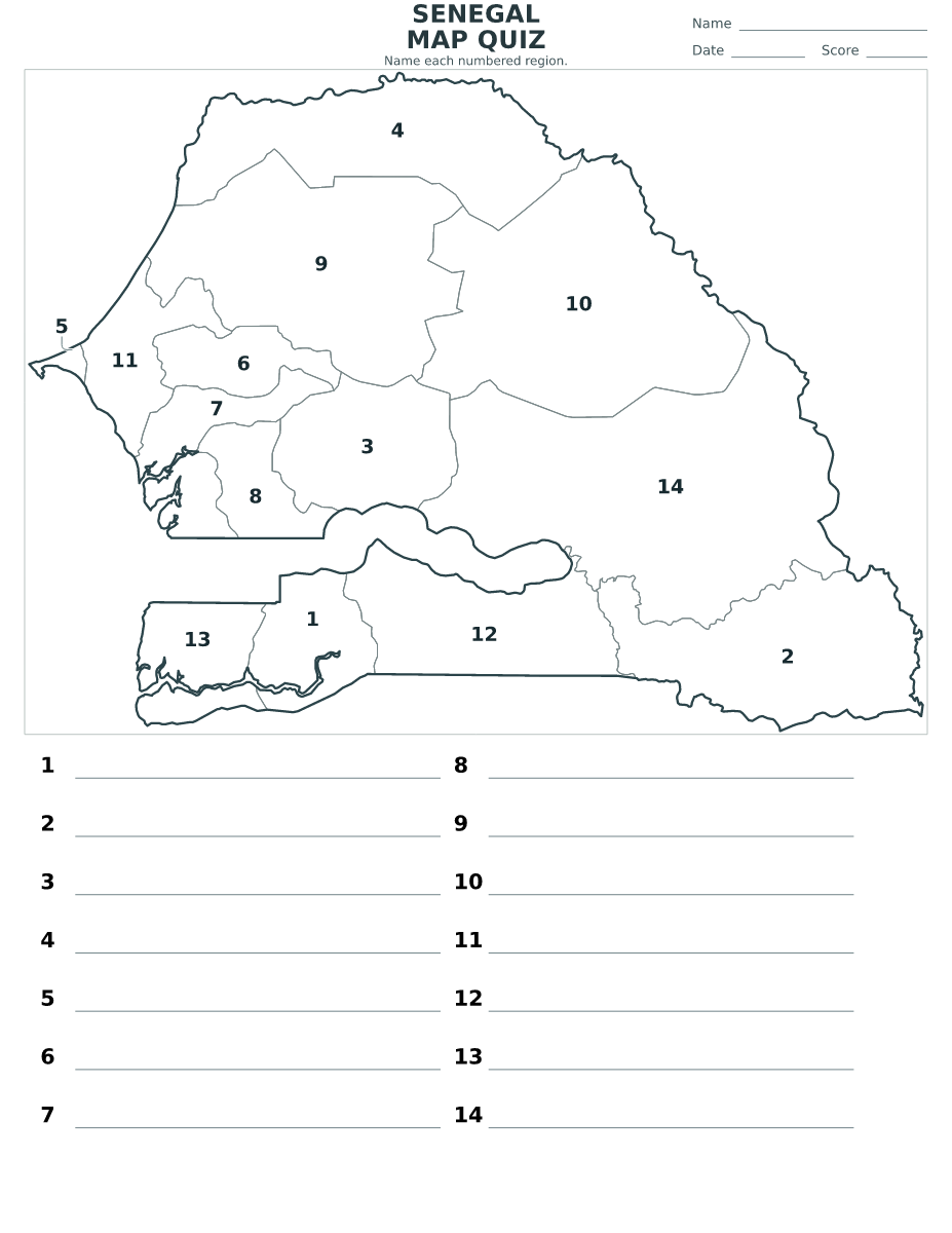 Cuestionario de regiones: Senegal con 14 regiones con números.