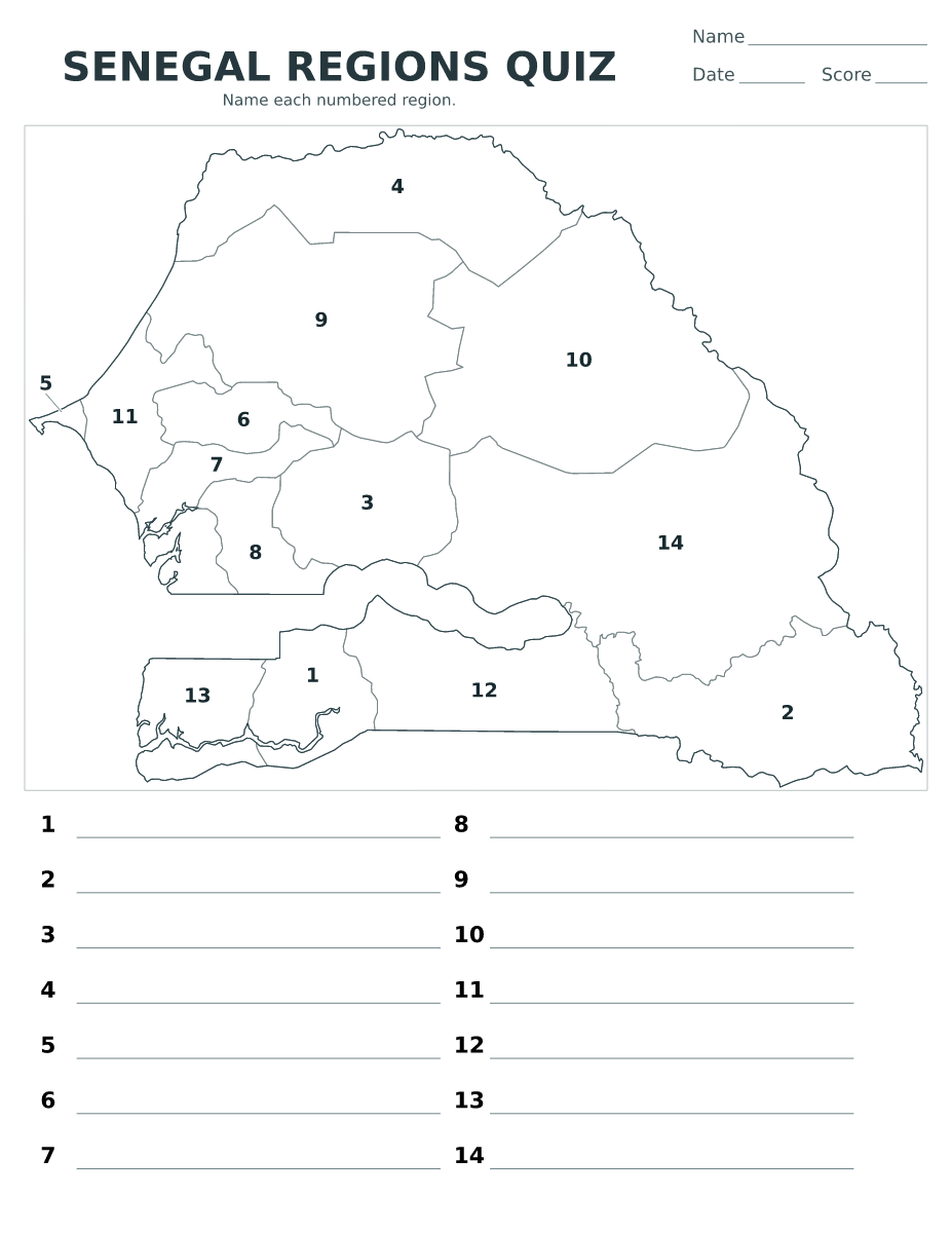 Cuestionario de regiones: Senegal con 14 regiones con números.