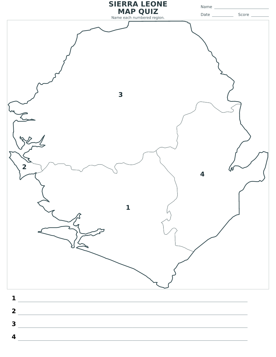 Quiz des provinces : Sierra Leone avec 4 provinces avec numéros.