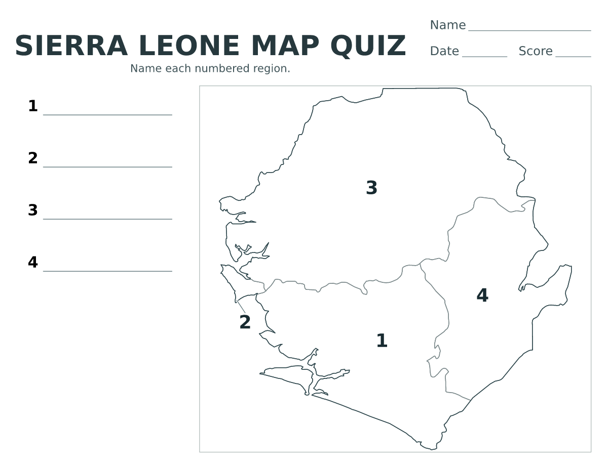 Cuestionario de provincias: Sierra Leone con 4 provincias con números.