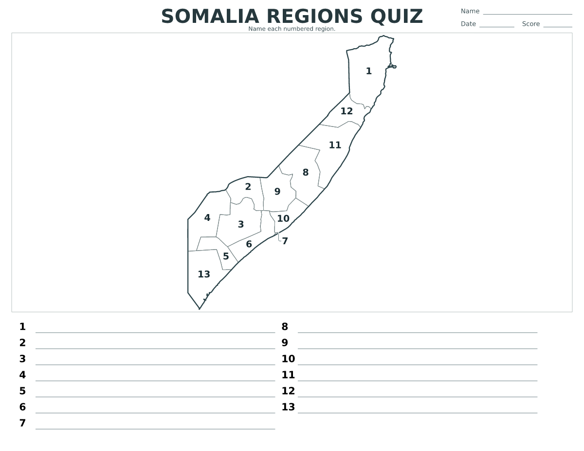 Cuestionario de regiones: Somalia con 13 regiones con números.