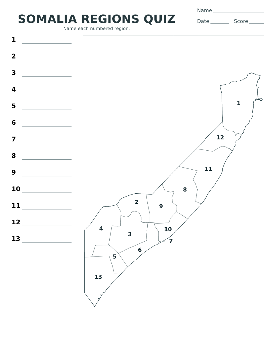 Cuestionario de regiones: Somalia con 13 regiones con números.