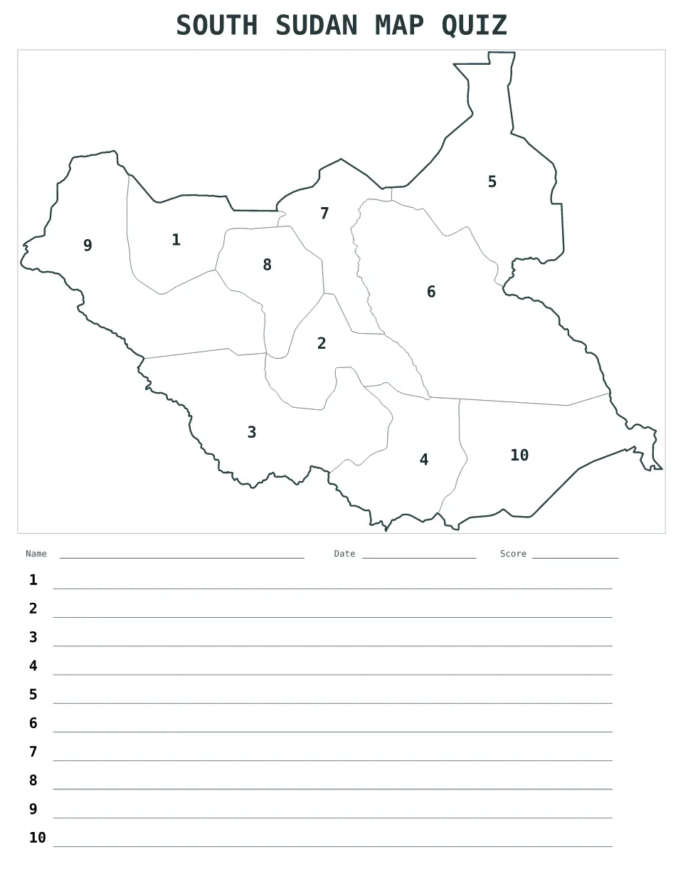 Aperçu de la carte Quiz numéroté de South Sudan