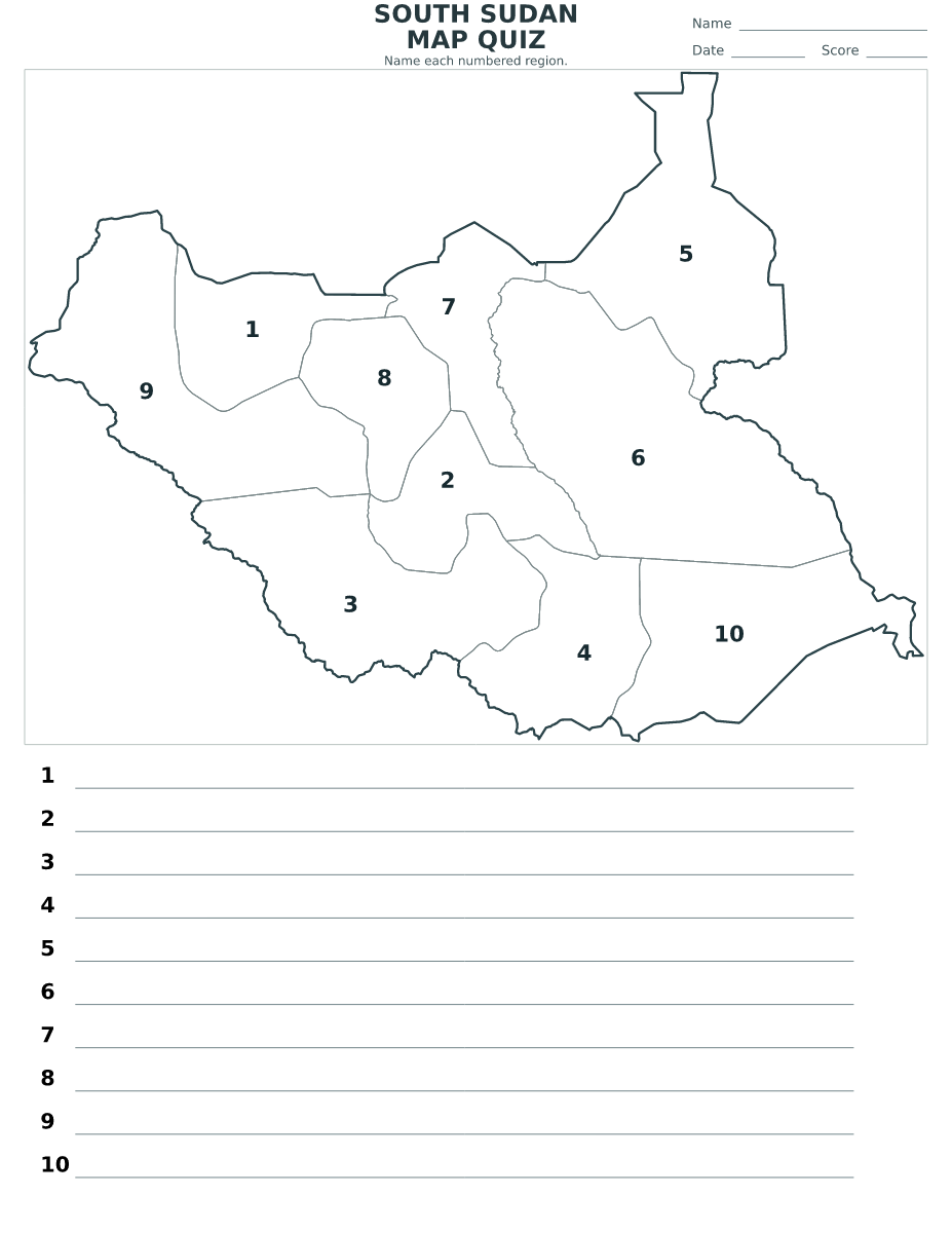Cuestionario de estados: South Sudan con 10 estados con números.