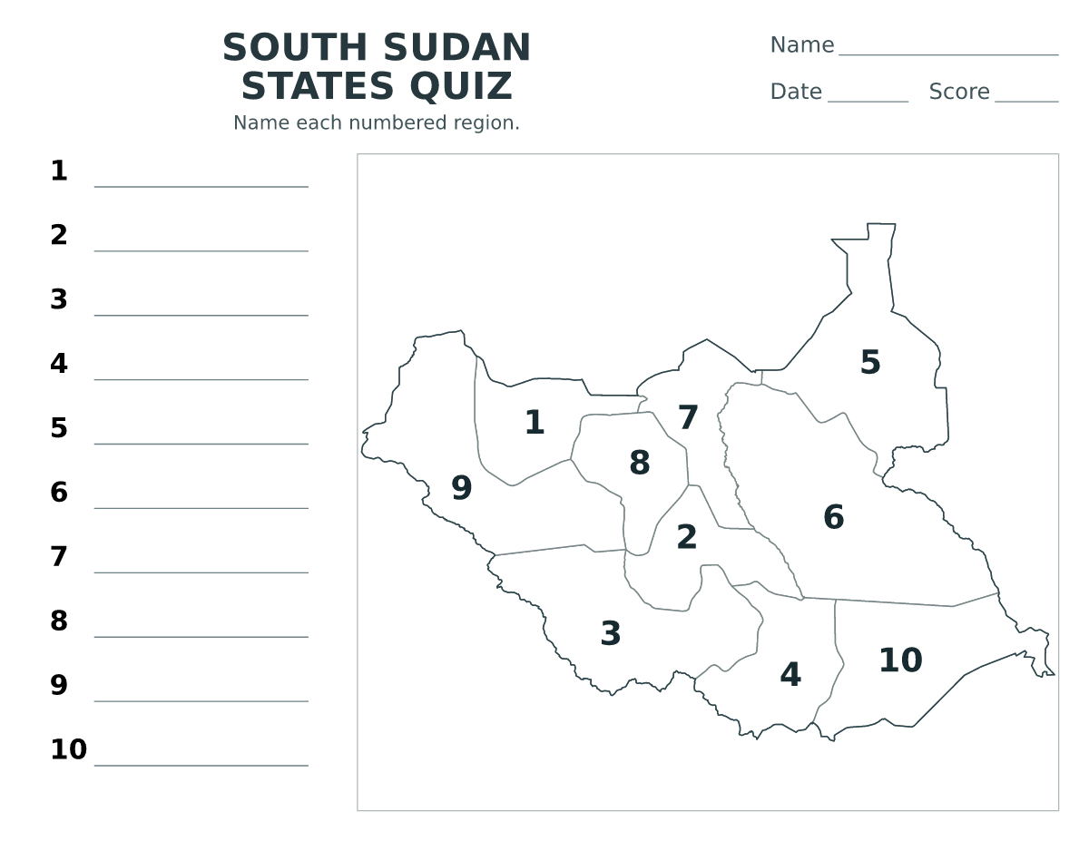 Cuestionario de estados: South Sudan con 10 estados con números.