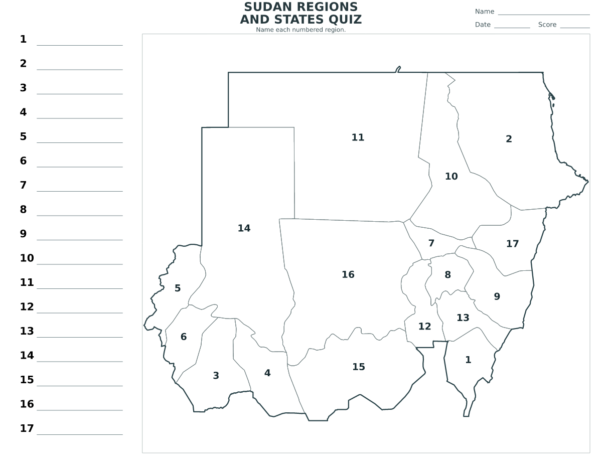 Quiz des régions et États : Sudan avec 17 régions et États avec numéros.