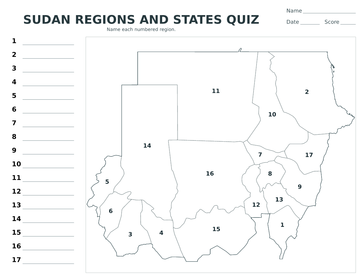 Cuestionario de regiones y estados: Sudan con 17 regiones y estados con números.