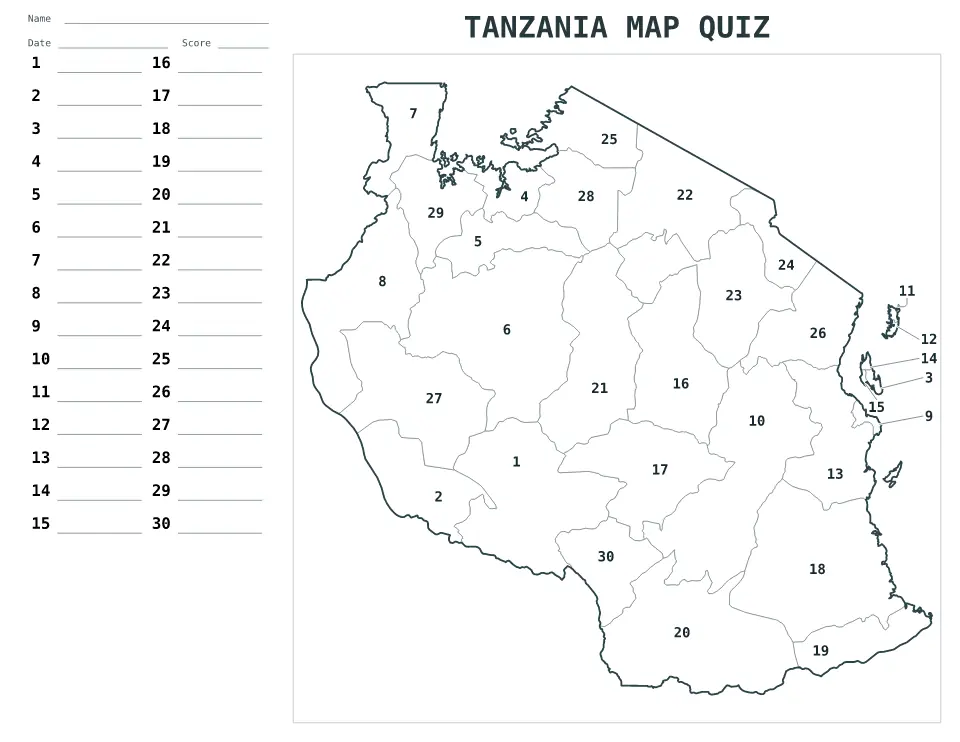 Aperçu de la carte Quiz numéroté de Tanzania