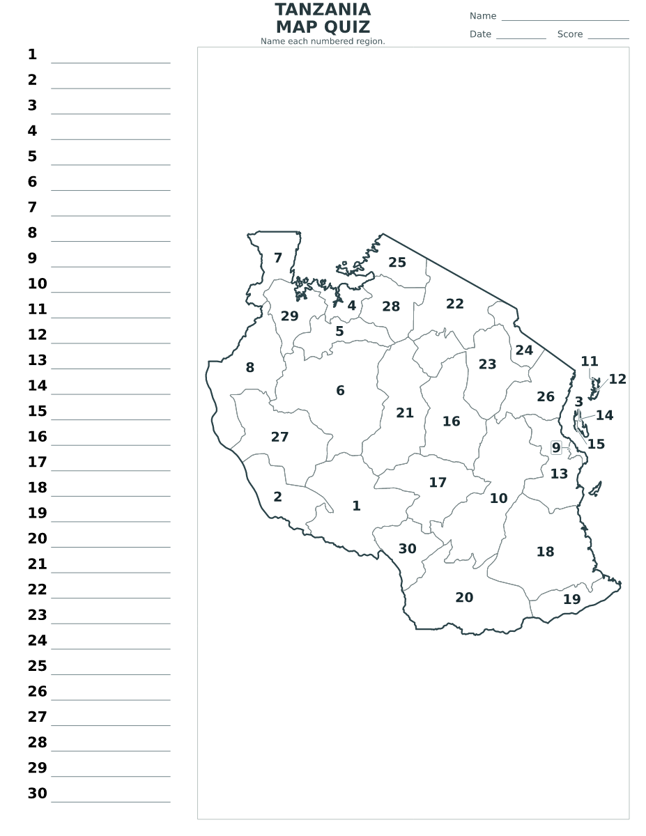 Cuestionario de regiones: Tanzania con 30 regiones con números.
