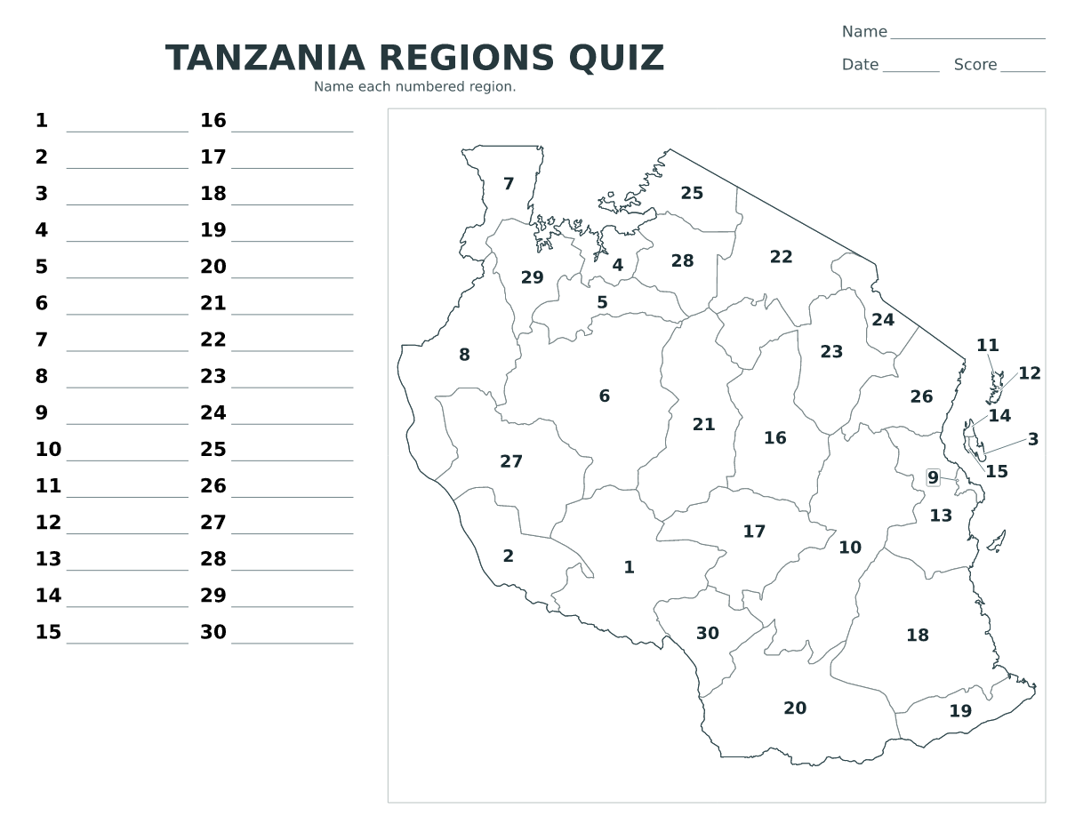Cuestionario de regiones: Tanzania con 30 regiones con números.