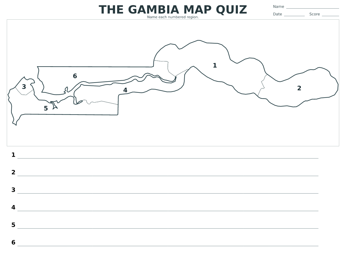 Cuestionario imprimible del mapa de the Gambia con 6 regiones numeradas.