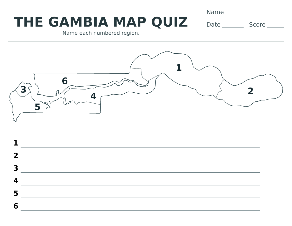 Cuestionario imprimible del mapa de the Gambia con 6 regiones numeradas.