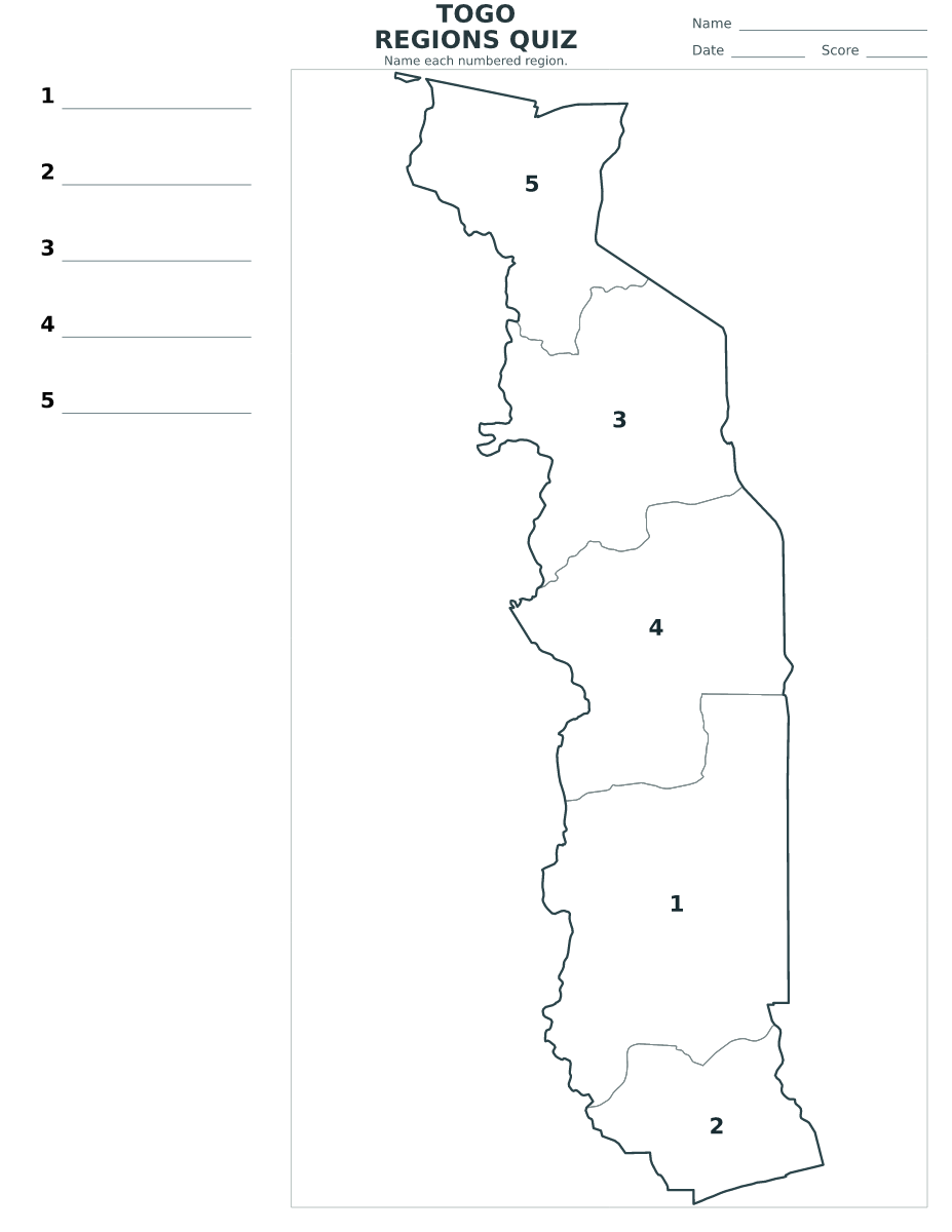 Quiz des régions : Togo avec 5 régions avec numéros.