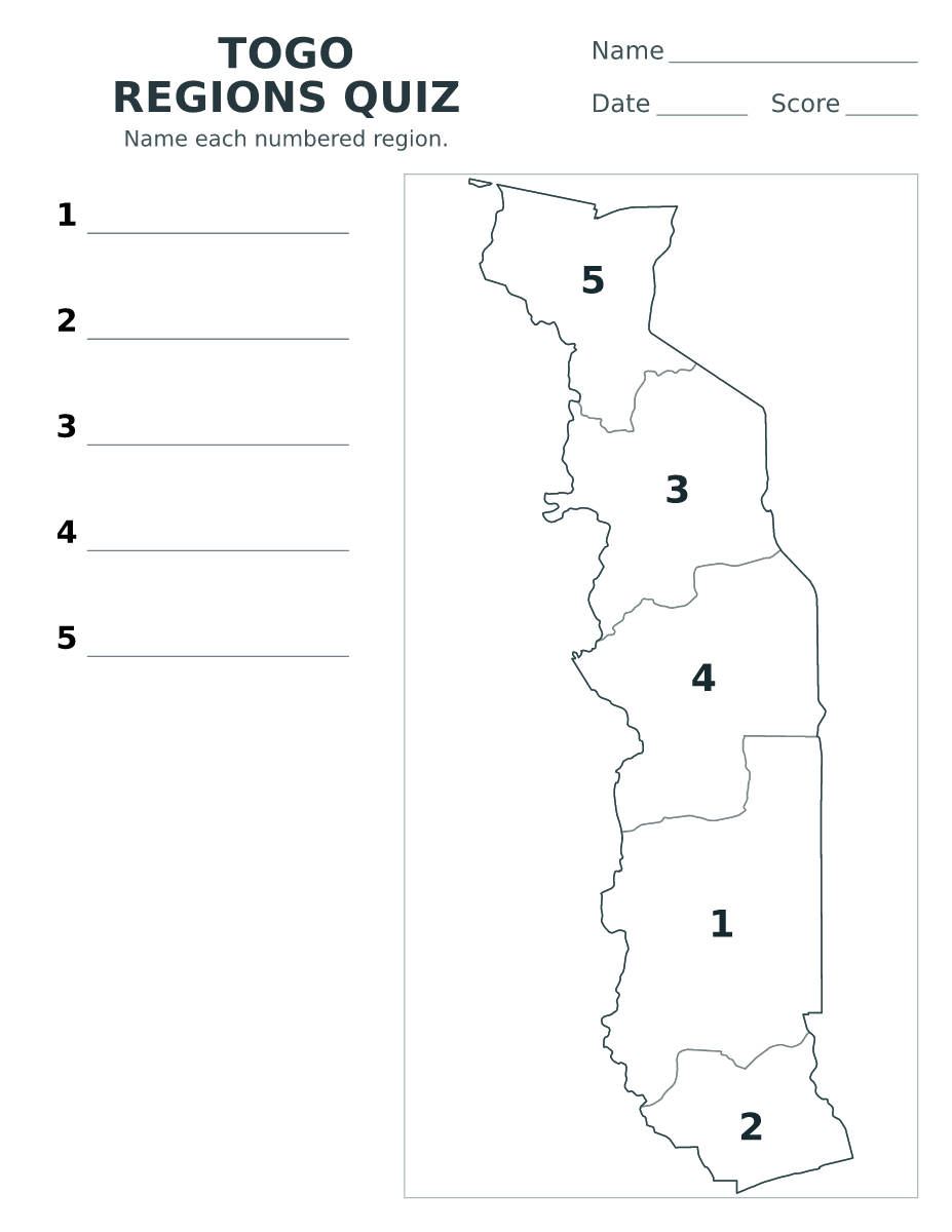 Cuestionario de regiones: Togo con 5 regiones con números.