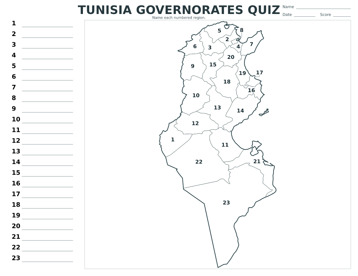 Quiz des gouvernorats : Tunisia avec 23 gouvernorats avec numéros.
