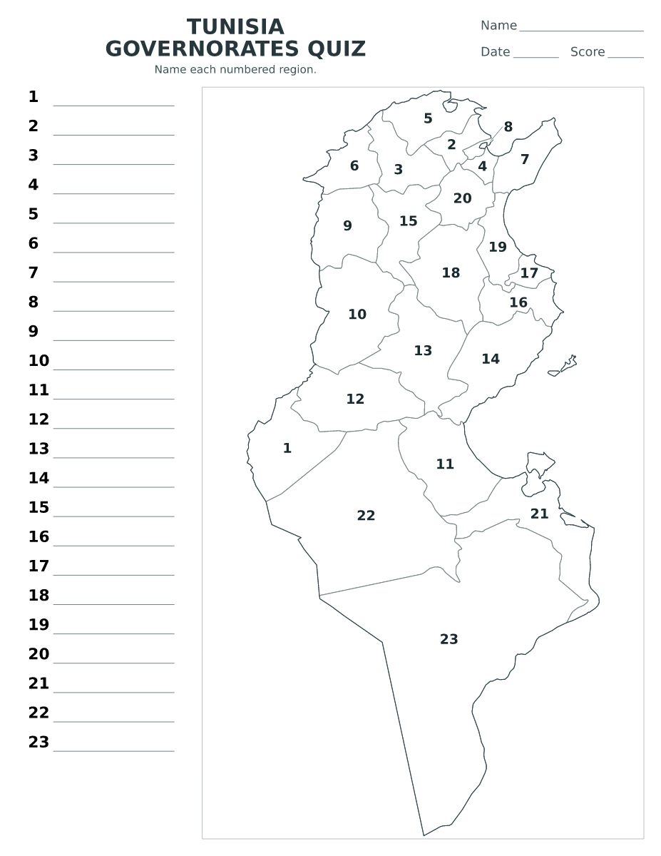 Cuestionario de gobernaciones: Tunisia con 23 gobernaciones con números.