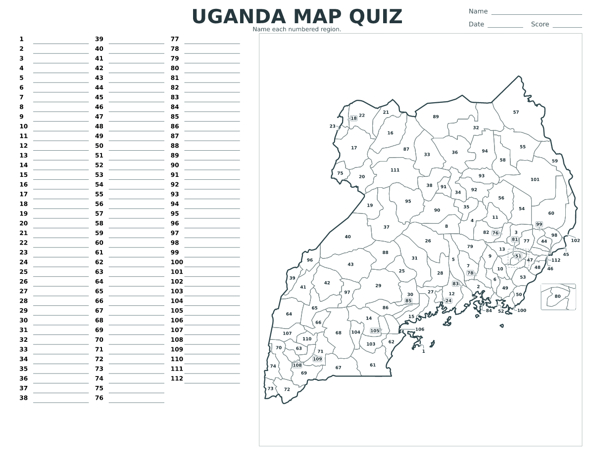 Cuestionario de condados y distritos: Uganda con 112 condados y distritos con números.