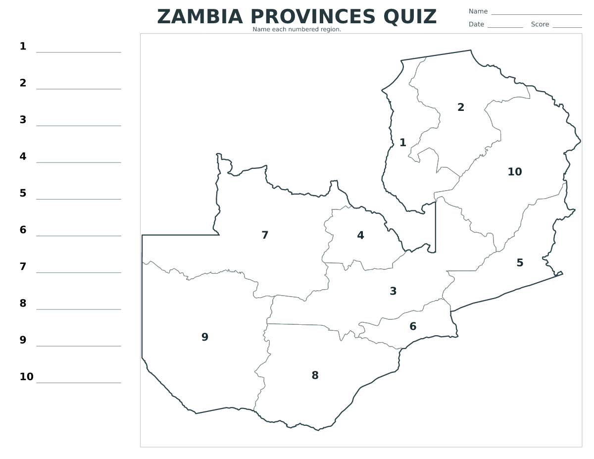 Quiz des provinces : Zambia avec 10 provinces avec numéros.