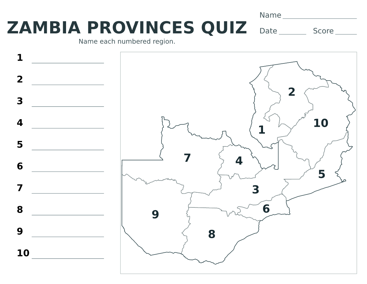 Cuestionario de provincias: Zambia con 10 provincias con números.