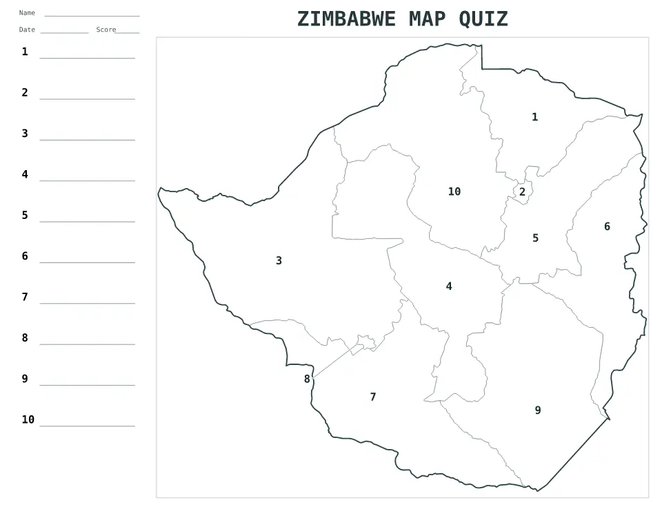 Aperçu de la carte Quiz numéroté de Zimbabwe