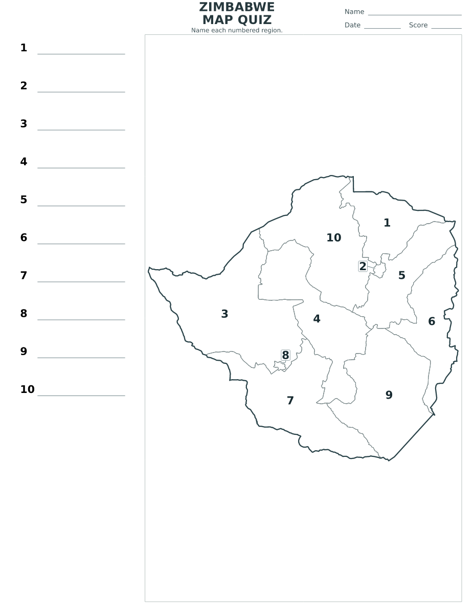 Cuestionario de ciudades y provincias: Zimbabwe con 10 ciudades y provincias con números.