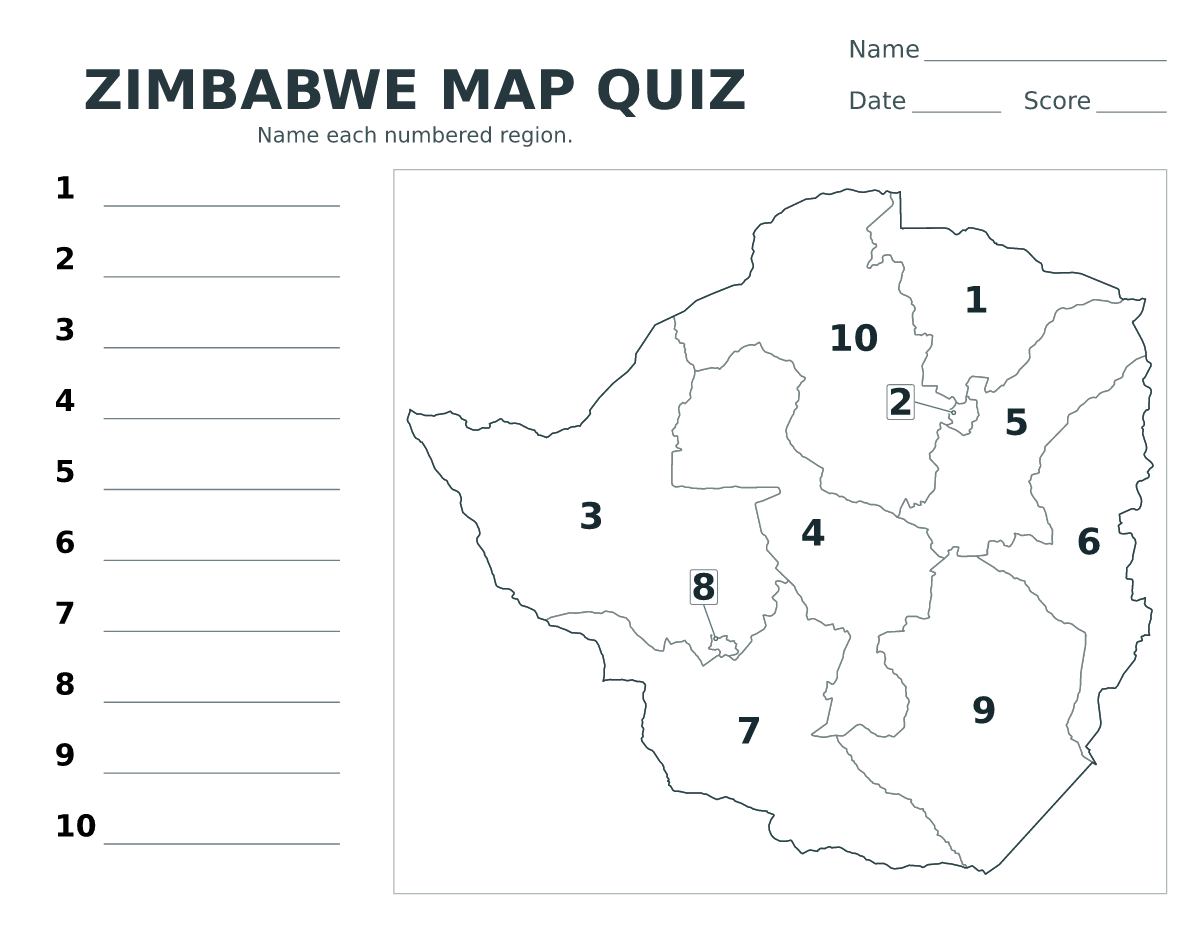 Cuestionario de ciudades y provincias: Zimbabwe con 10 ciudades y provincias con números.