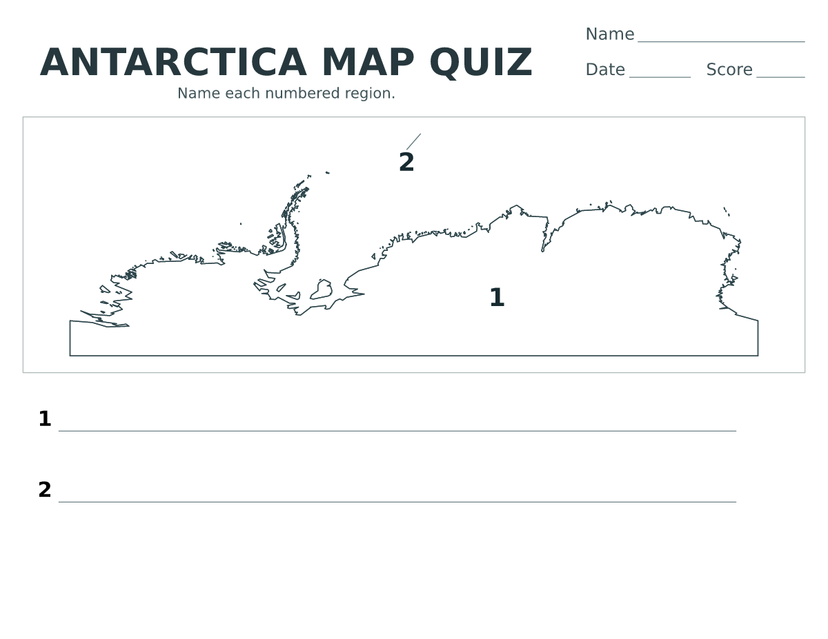 Antarctica map quiz with 2 numbered regions.