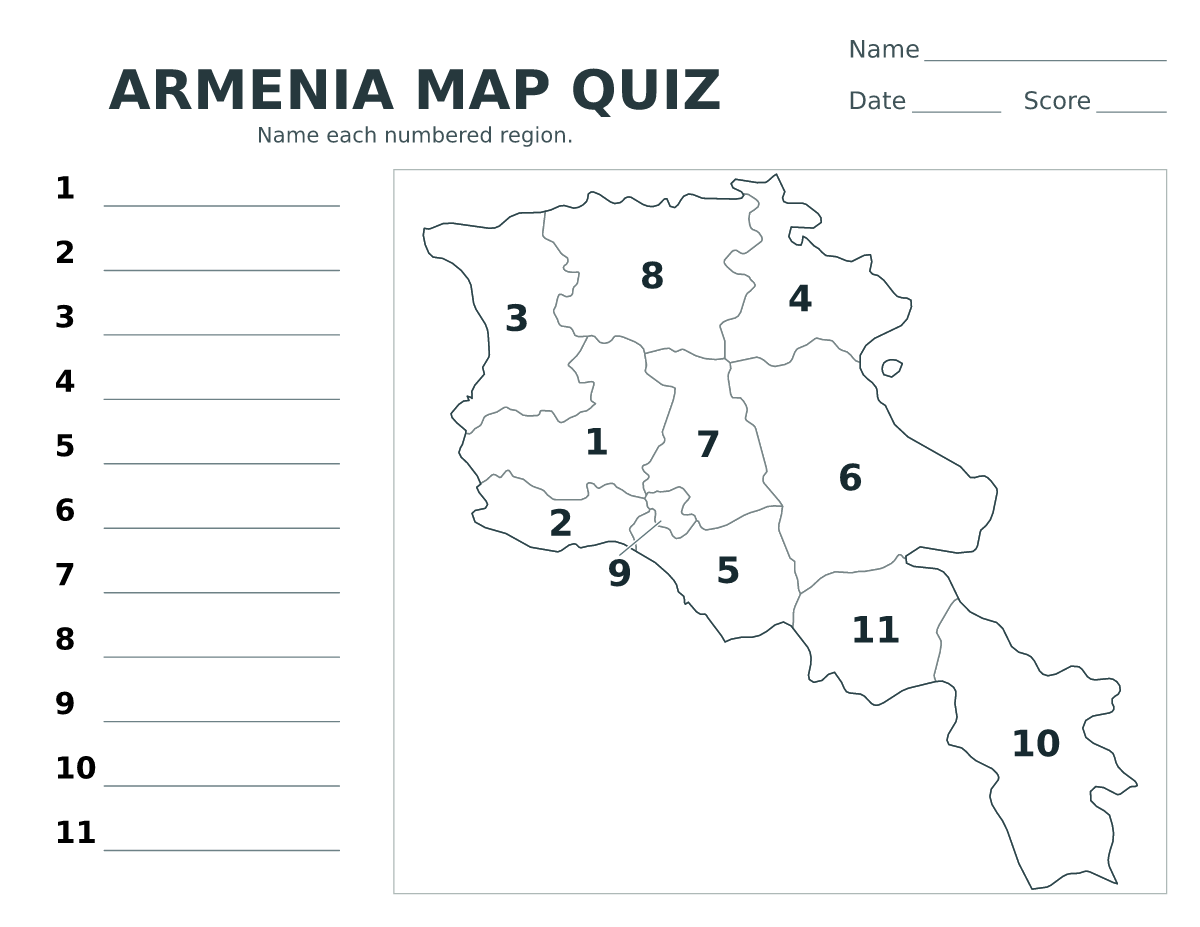 Cuestionario de ciudades y provincias: Armenia con 11 ciudades y provincias con números.