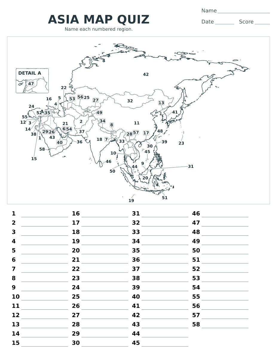 Asia map quiz with 58 numbered regions.