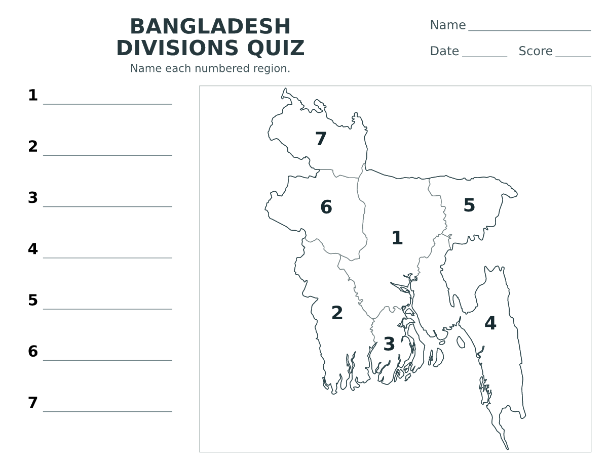Cuestionario imprimible del mapa de Bangladesh con 7 regiones numeradas.