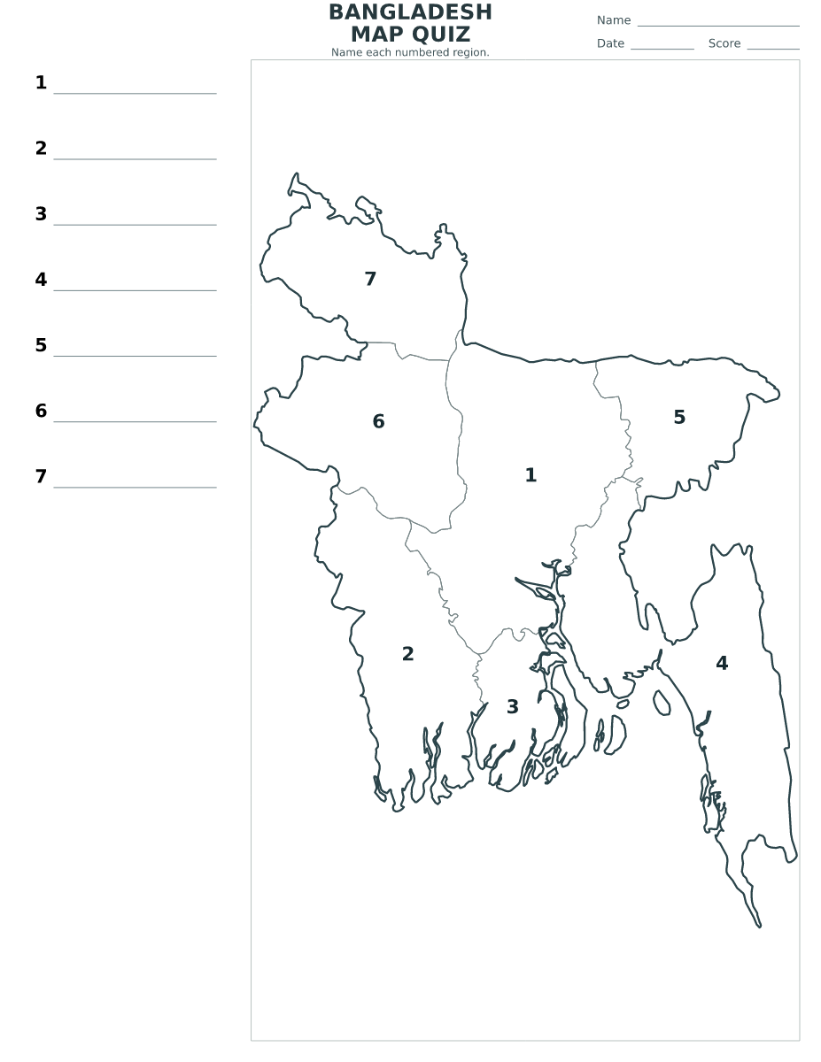 Cuestionario imprimible del mapa de Bangladesh con 7 regiones numeradas.