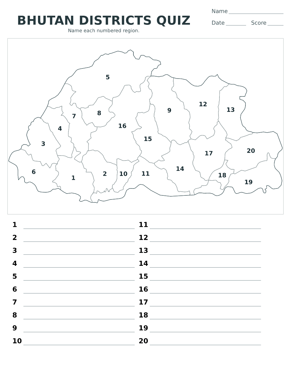 Cuestionario de distritos: Bhutan con 20 distritos con números.