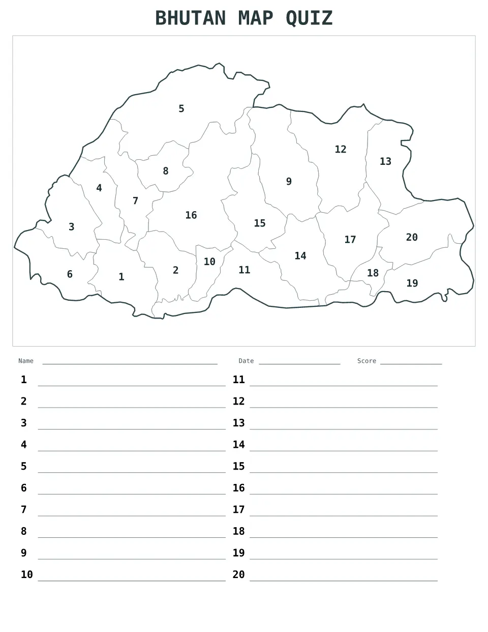 Vista previa del mapa Cuestionario numerado de Bhutan