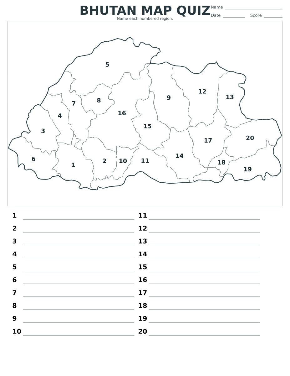 Cuestionario de distritos: Bhutan con 20 distritos con números.