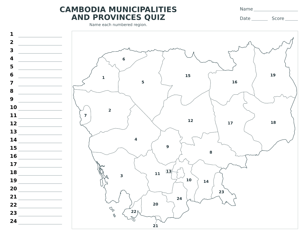 Cuestionario de municipios y provincias: Cambodia con 24 municipios y provincias con números.