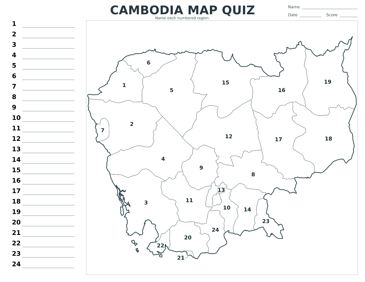 Cuestionario de municipios y provincias: Cambodia con 24 municipios y provincias con números.