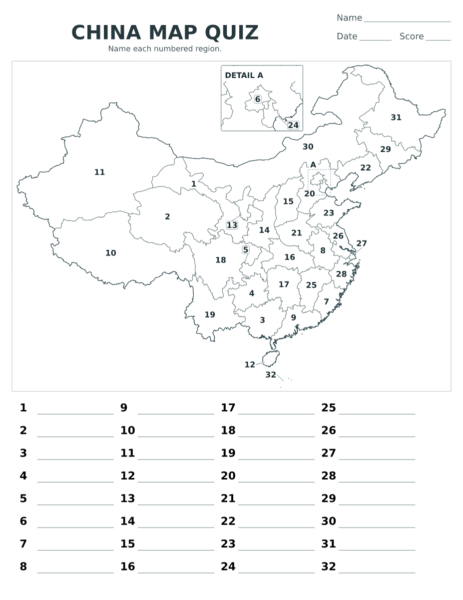 Cuestionario imprimible del mapa de China con 32 regiones numeradas.