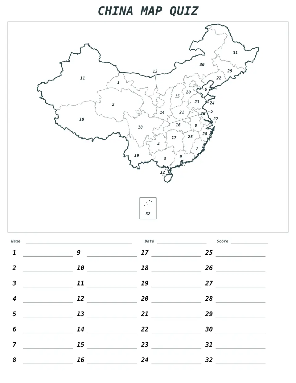 Vista previa del mapa Cuestionario numerado de China