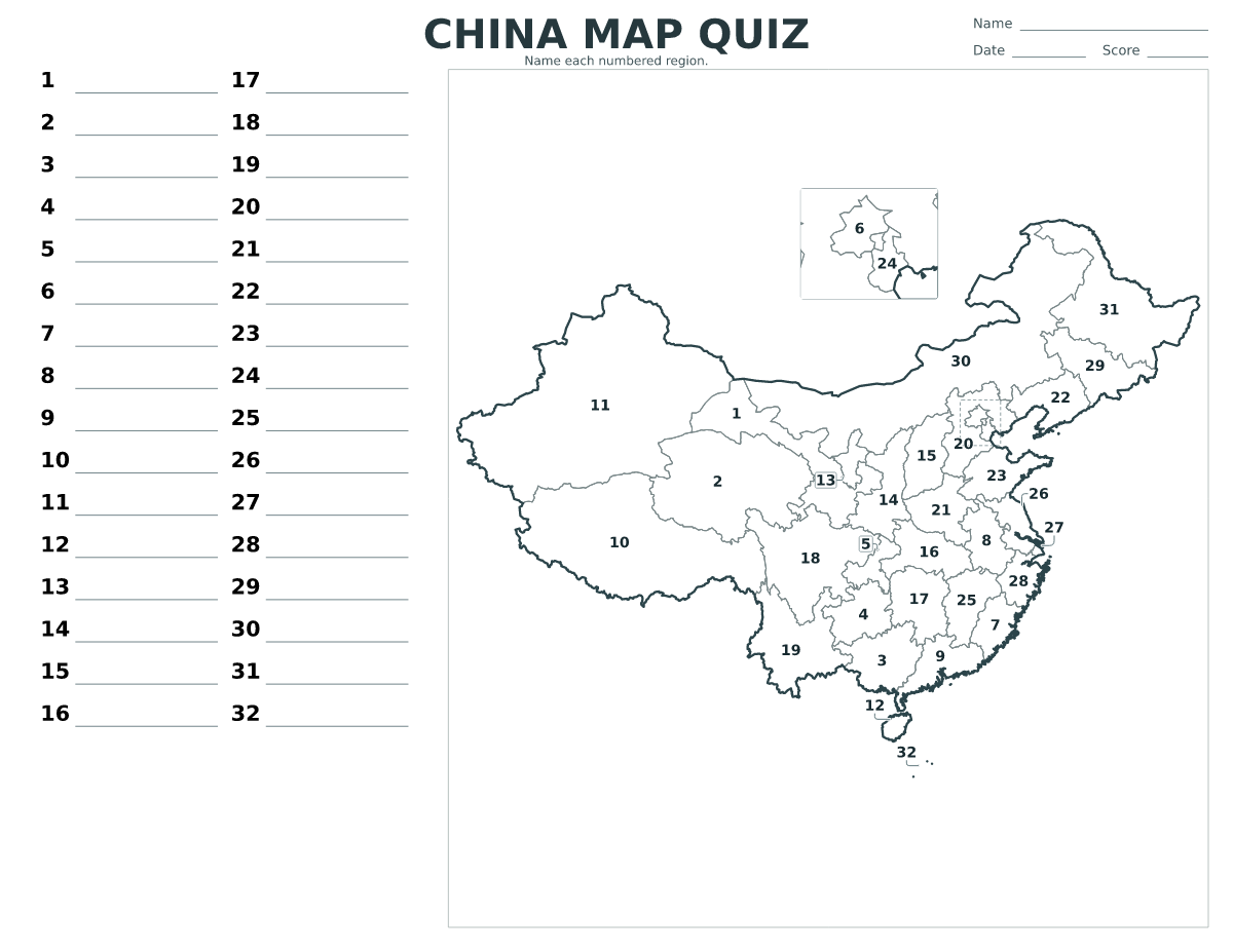 Cuestionario imprimible del mapa de China con 32 regiones numeradas.