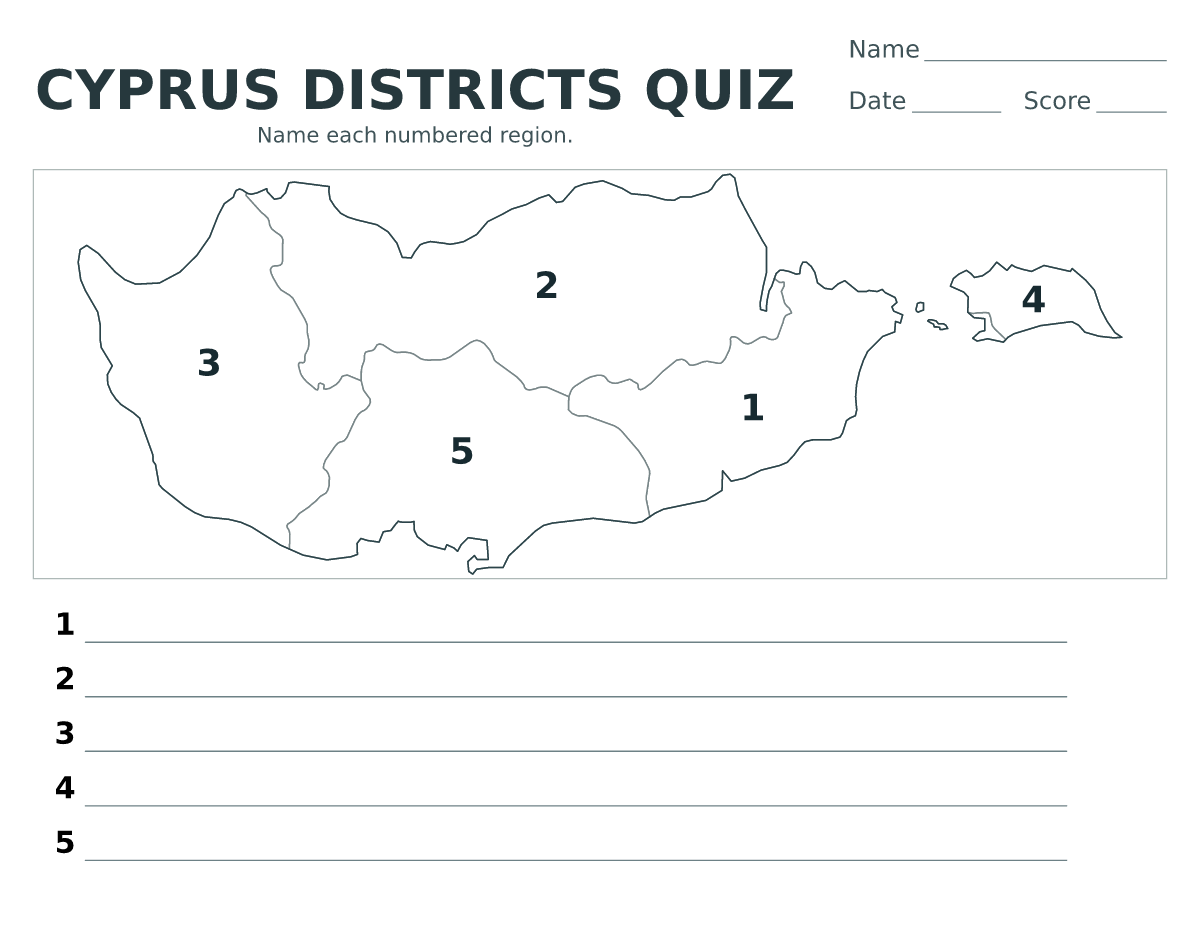 Cuestionario de distritos: Cyprus con 5 distritos con números.