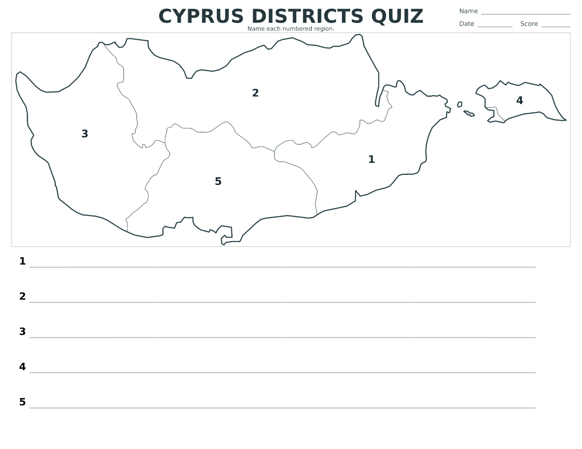 Cuestionario de distritos: Cyprus con 5 distritos con números.
