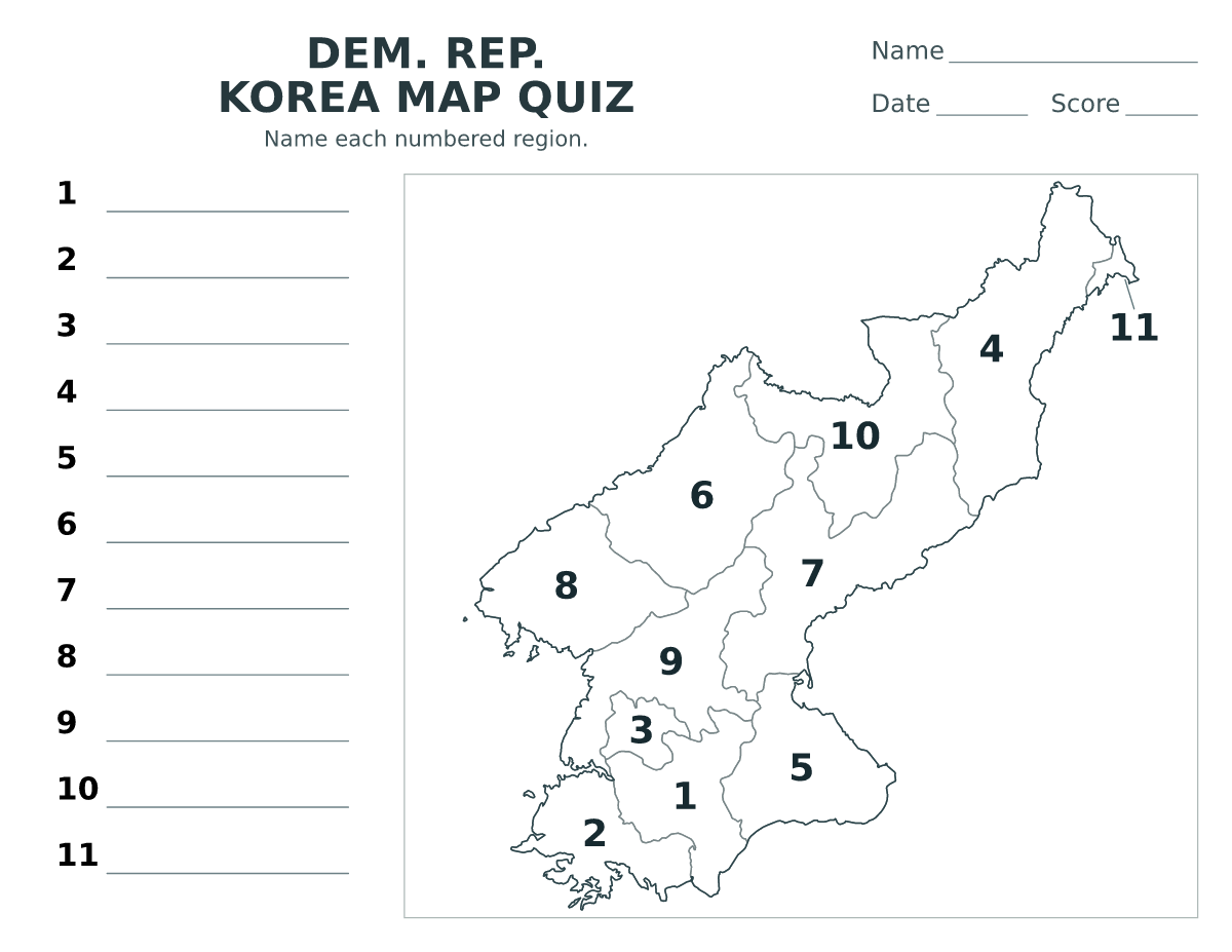 Cuestionario imprimible del mapa de Dem. Rep. Korea con 11 regiones numeradas.