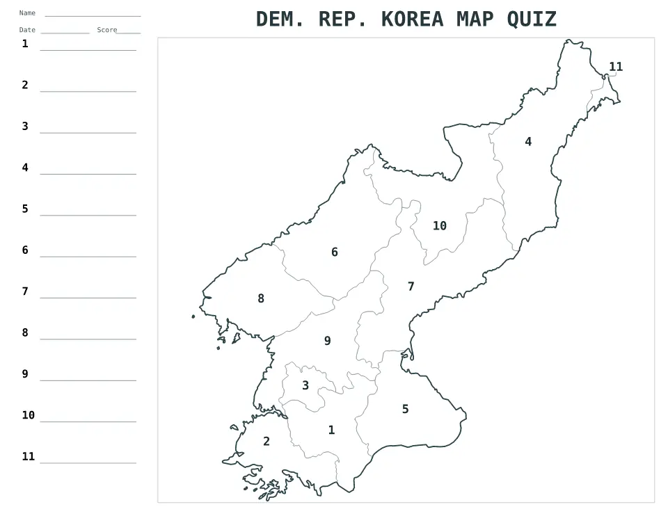 Aperçu de la carte Quiz numéroté de Dem. Rep. Korea