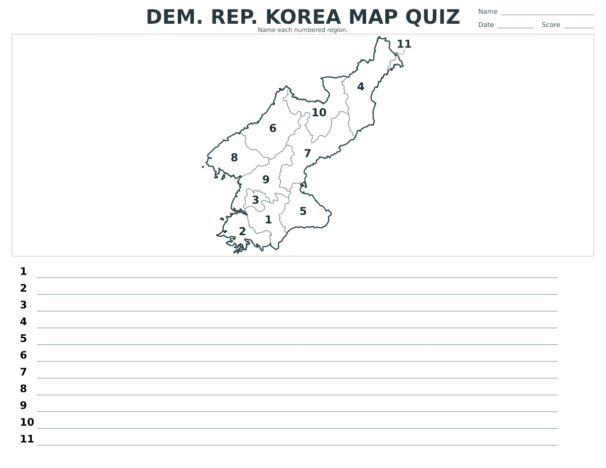 Cuestionario imprimible del mapa de Dem. Rep. Korea con 11 regiones numeradas.