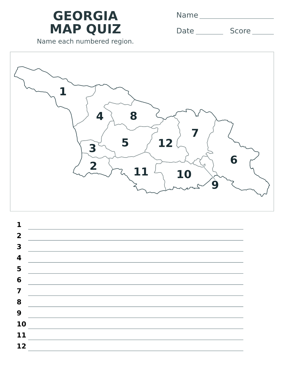 Cuestionario imprimible del mapa de Georgia con 12 regiones numeradas.